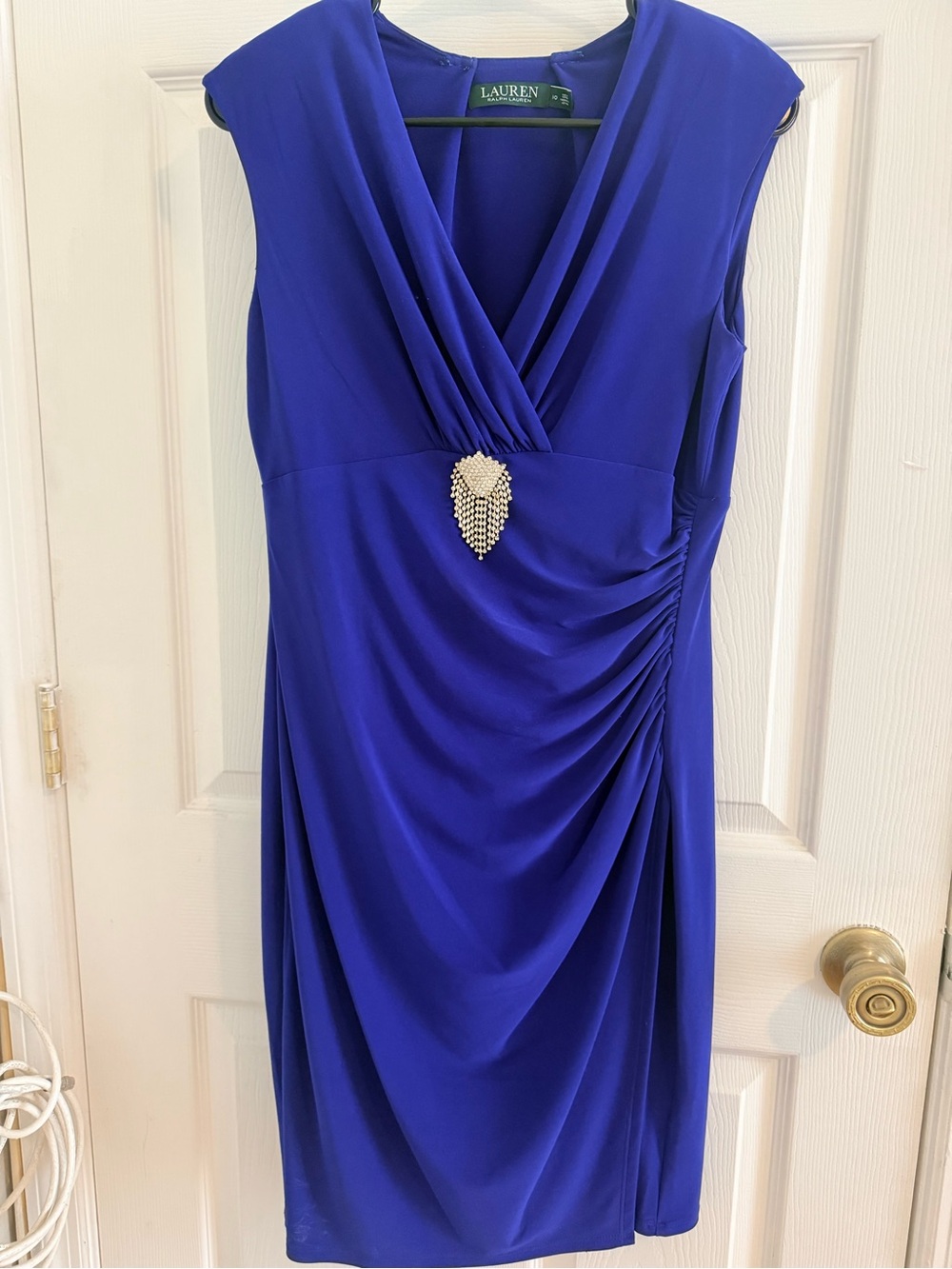 Ralph Lauren Cobalt Blue Sleeveless Draped Midi Dress with Decorative Brooch